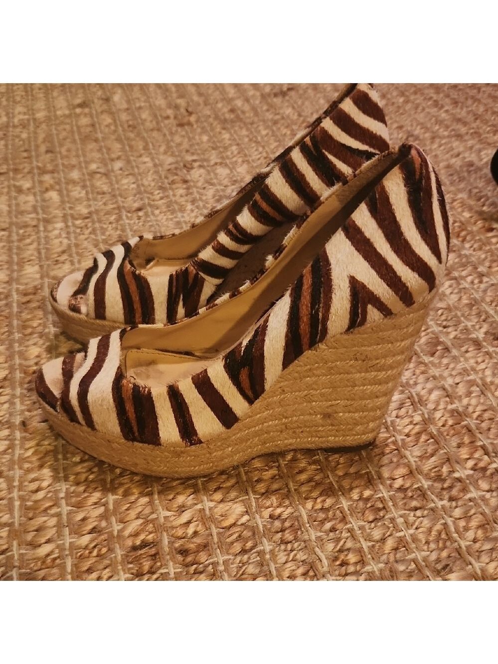 Vince Camuto Brown and White Zebra Print Fur Jute Wedge Peep Toe Sandals 7.5